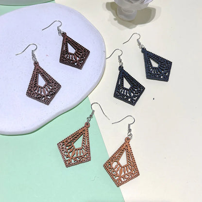 Fashion Rhombus Wood Carving Women's Drop Earrings 1 Pair