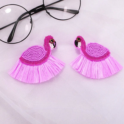 Fashion Rice Beads Swan Raffia Fringed Earrings Handmade Beads Cute Earrings Wholesale Gooddiy