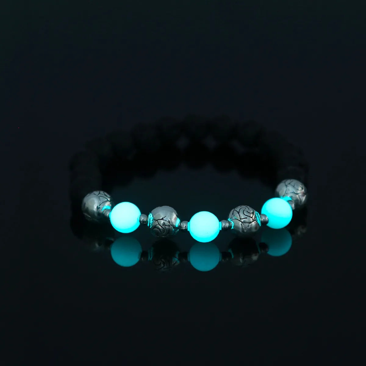 Fashion Rose Flower Beaded Black Volcanic Stone Blue Green Luminous Bracelet