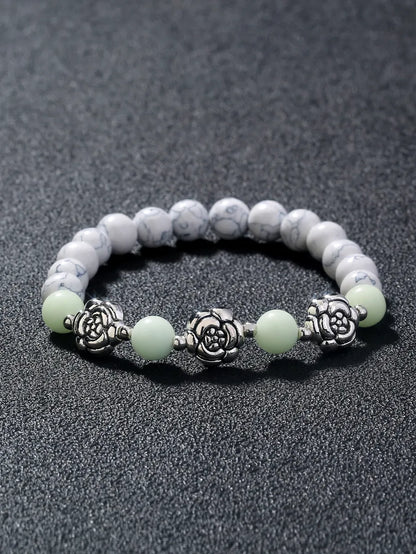 Fashion Rose Flower Beaded Black Volcanic Stone Blue Green Luminous Bracelet