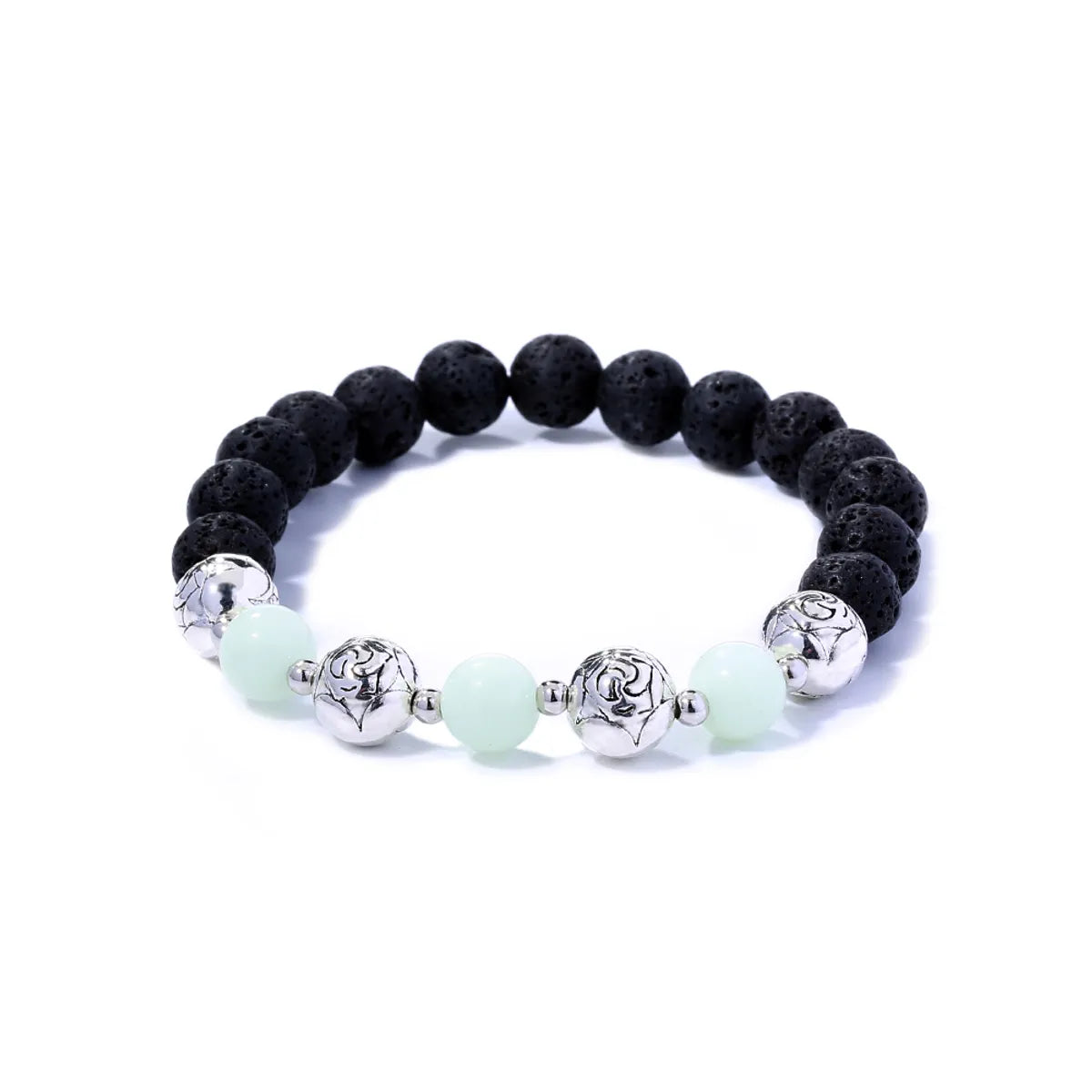 Fashion Rose Flower Beaded Black Volcanic Stone Blue Green Luminous Bracelet