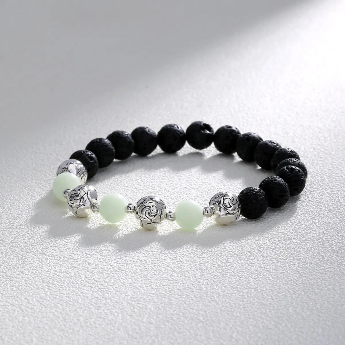 Fashion Rose Flower Beaded Black Volcanic Stone Blue Green Luminous Bracelet