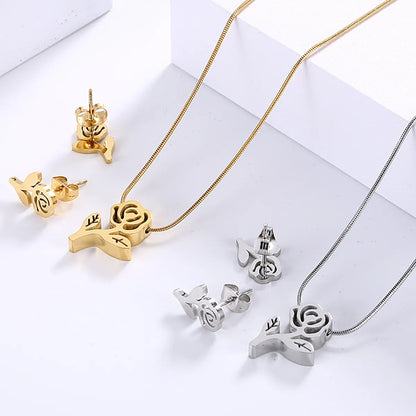 Fashion Rose Flower Stainless Steel Earrings Necklace Set Wholesale Gooddiy