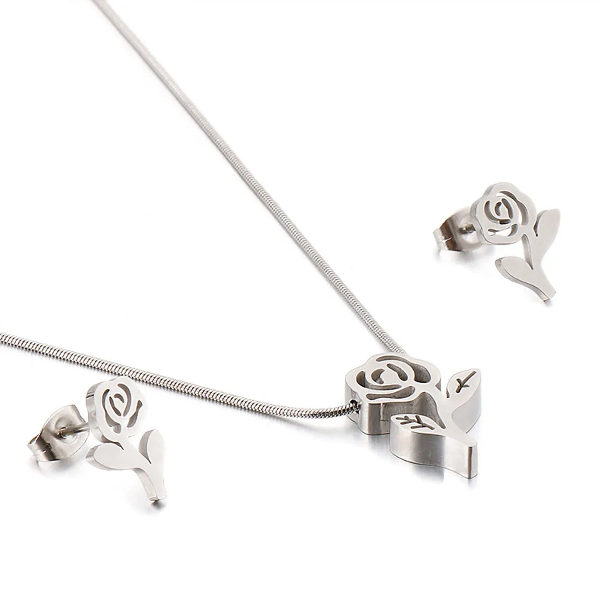 Fashion Rose Flower Stainless Steel Earrings Necklace Set Wholesale Gooddiy