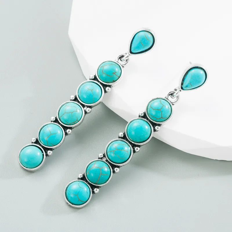 Fashion Round Alloy Inlay Turquoise Drop Earrings