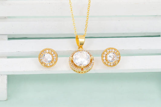 Fashion Round Copper Plating Inlay Zircon Women's Earrings Necklace 1 Set