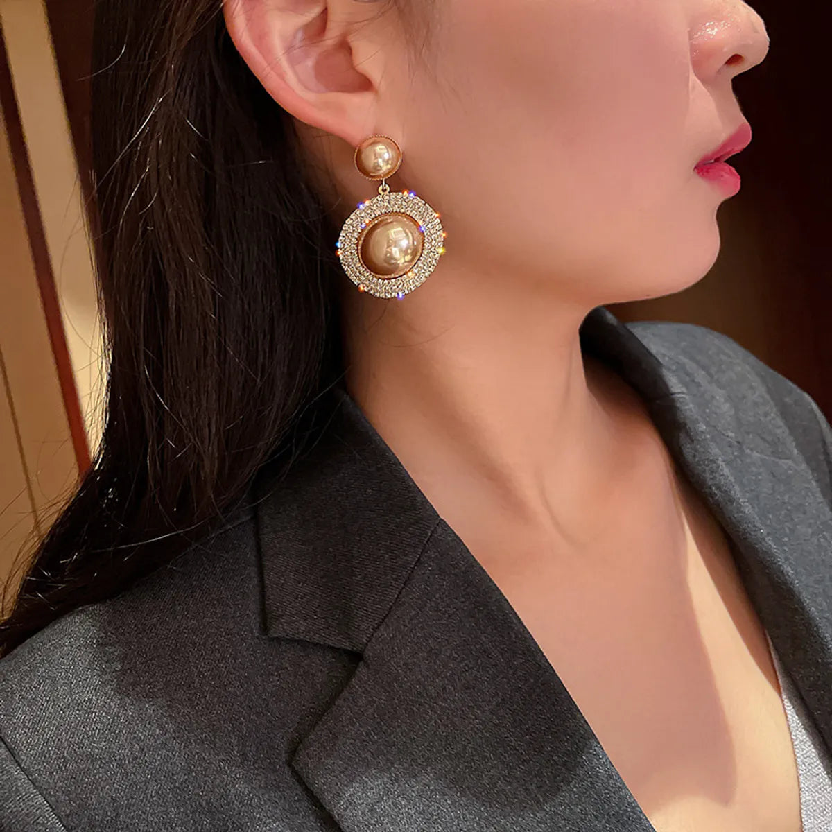 Fashion Round Geometric Exaggerated Full Rhinestone Pearl Earrings Wholesale