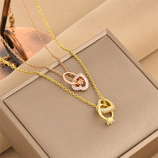 Fashion Round Heart Shape Titanium Steel Plating Inlay Rhinestones Necklace 1 Piece