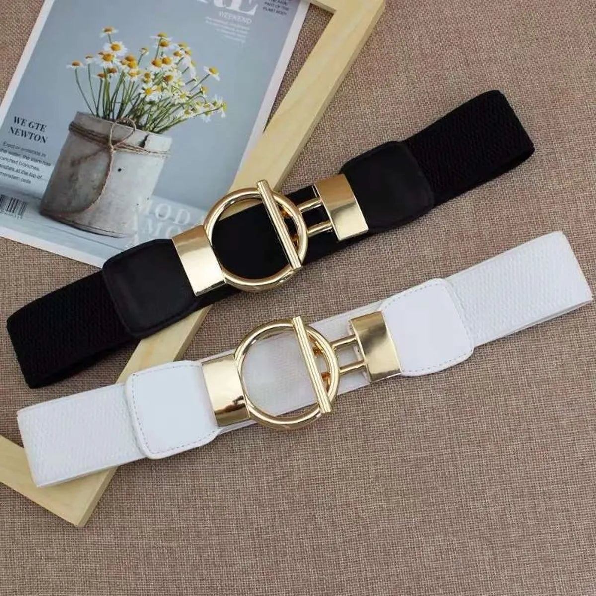 Fashion Round Pu Leather Fabric Metal Button Belt