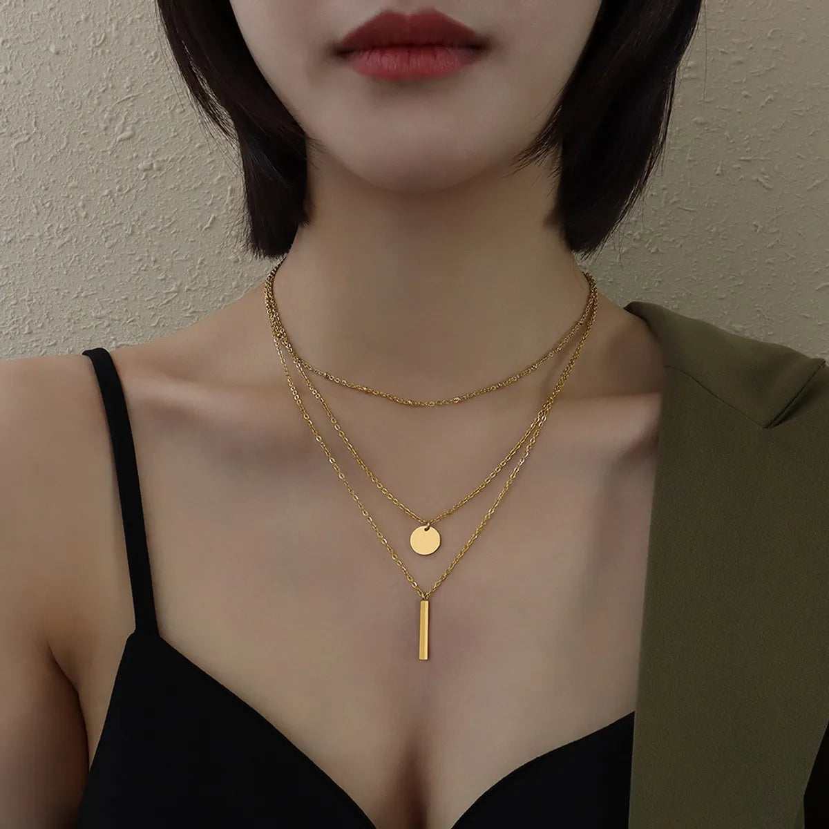 Fashion Round Rectangle Titanium Steel Layered Necklaces Plating Stainless Steel Necklaces