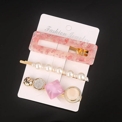 Fashion Round Square Imitation Pearl Alloy Acetic Acid Sheets Hair Clip 3 Piece Set