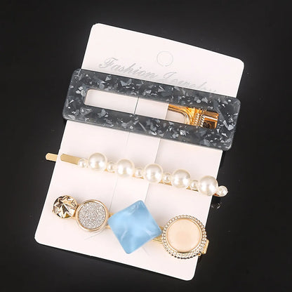 Fashion Round Square Imitation Pearl Alloy Acetic Acid Sheets Hair Clip 3 Piece Set