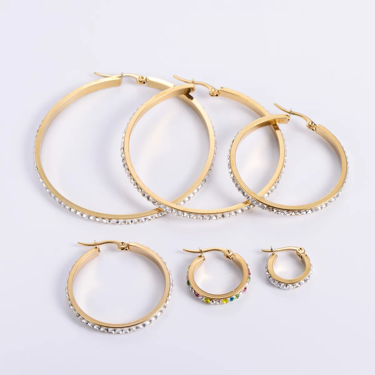 Fashion Round Stainless Steel Hoop Earrings Inlay Rhinestones Stainless Steel Earrings 1 Pair