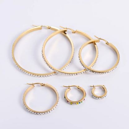 Fashion Round Stainless Steel Hoop Earrings Inlay Rhinestones Stainless Steel Earrings 1 Pair