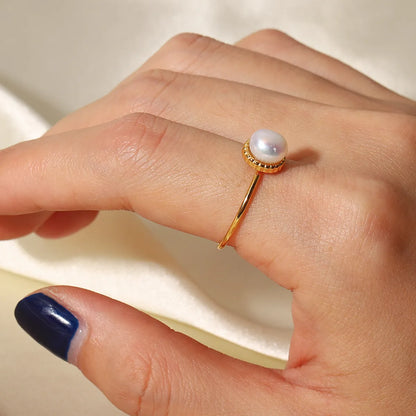 Fashion Round Stainless Steel Inlay Pearl Rings