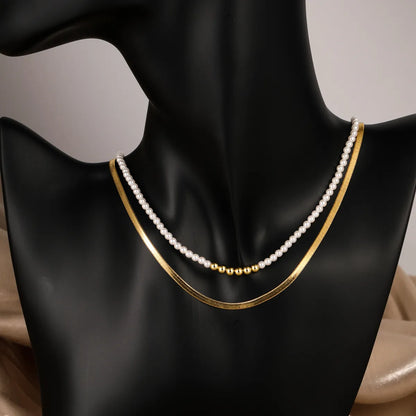 Fashion Round Stainless Steel Beaded Gold Plated Pearl Gold Plated Layered Necklaces