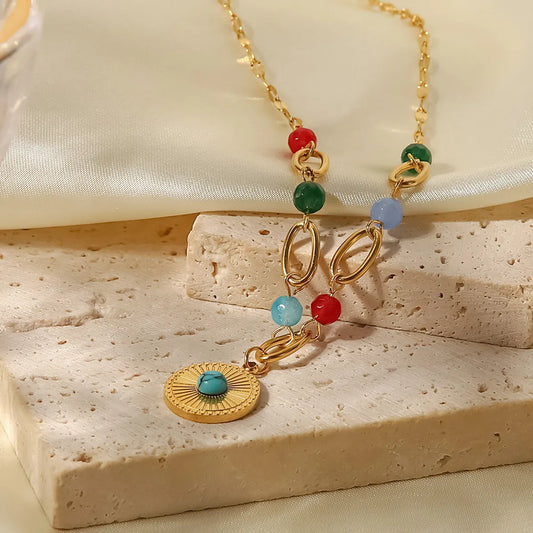 Fashion Round Stainless Steel Pendant Necklace Gold Plated Inlay Turquoise Stainless Steel Necklaces