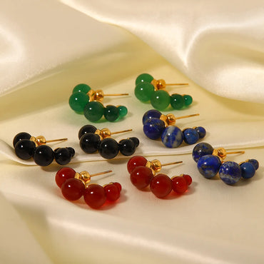 Fashion Round Stainless Steel Titanium Steel Gold Plated Inlay Artificial Gemstones Ear Studs 1 Pair