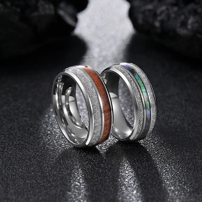 Fashion Round Stripe 304 Stainless Steel Solid Wood Shell Men'S Rings