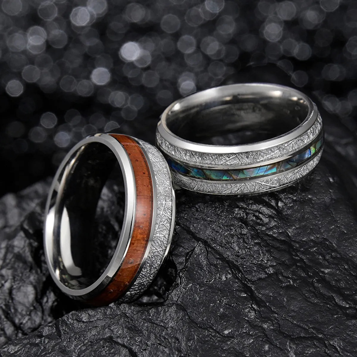 Fashion Round Stripe 304 Stainless Steel Solid Wood Shell Men'S Rings