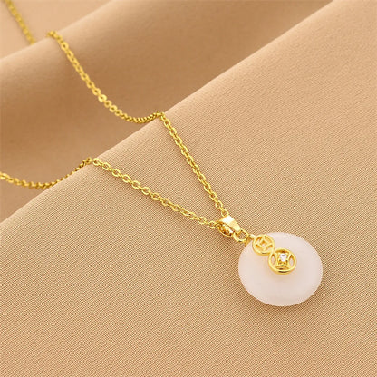 Fashion Round Titanium Steel Inlay Hetian Jade Necklace 1 Piece