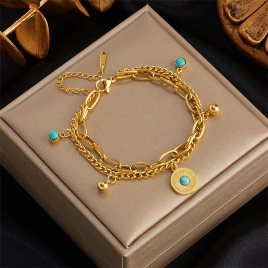 Fashion Round Titanium Steel Layered Turquoise 18k Gold Plated Bracelets