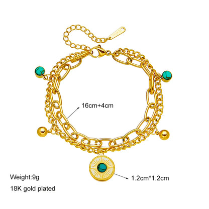 Fashion Round Titanium Steel Layered Turquoise 18k Gold Plated Bracelets