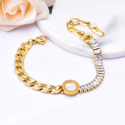 Fashion Round Titanium Steel Plating Inlay Shell Zircon Bracelets 1 Piece