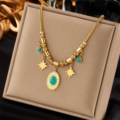 Fashion Round Titanium Steel Plating Inlay Turquoise Pendant Necklace 1 Piece