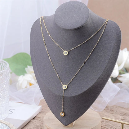 Fashion Round Titanium Steel Plating Inlay Zircon Layered Necklaces 1 Piece