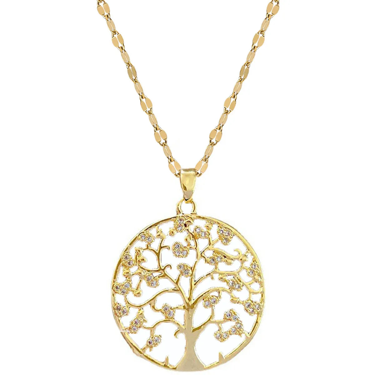 Fashion Round Tree Titanium Steel Copper Zircon Pendant Necklace In Bulk