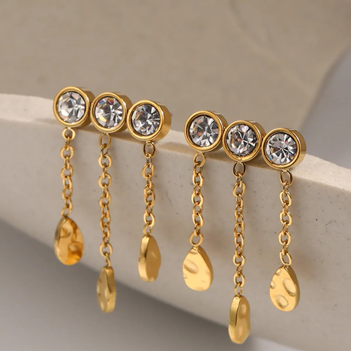 1 Pair Fashion Round Water Droplets Tassel Titanium Steel Zircon 18k Gold Plated Drop Earrings