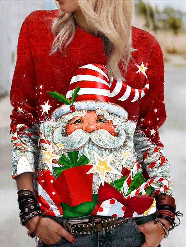 Women'S Blouse Long Sleeve Blouses Printing Fashion Santa Claus