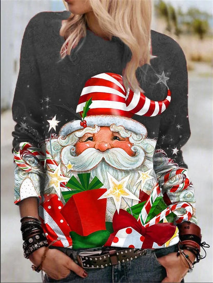 Women'S Blouse Long Sleeve Blouses Printing Fashion Santa Claus