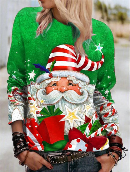 Women'S Blouse Long Sleeve Blouses Printing Fashion Santa Claus