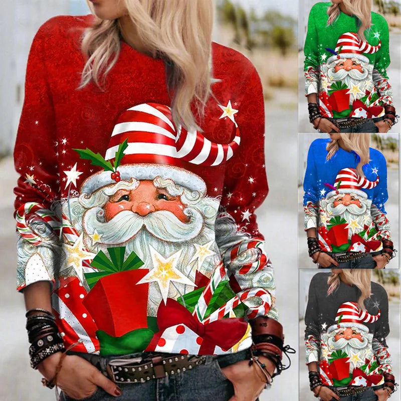 Women'S Blouse Long Sleeve Blouses Printing Fashion Santa Claus