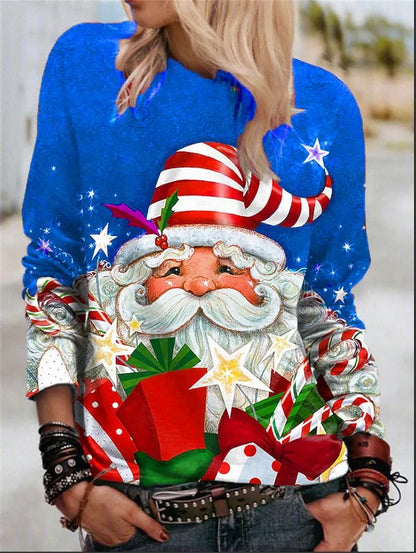 Women'S Blouse Long Sleeve Blouses Printing Fashion Santa Claus