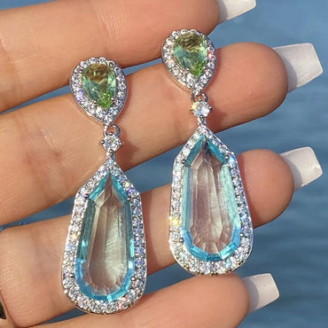 Fashion Sea Blue Zircon Geometric Copper Earrings Wholesale