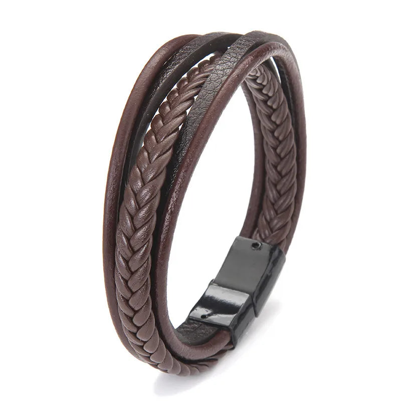 Fashion Simple Black Brown Leather Rope Woven Magnet Bracelet