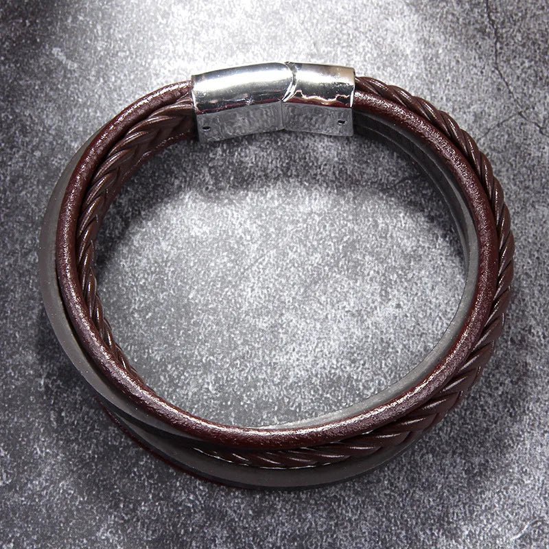 Fashion Simple Black Brown Leather Rope Woven Magnet Bracelet