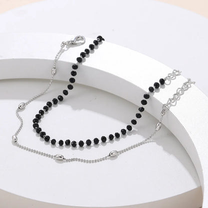 Fashion Simple Black Crystal Beaded Double-Layer Chain Stainless Steel Bracelet