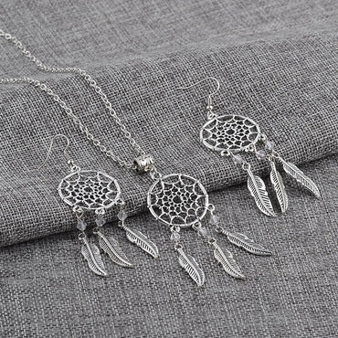 Fashion Simple  Clavicle Chain  Personality Dream Catcher Feather Pendant Necklace Earring  Set Gooddiy Wholesale