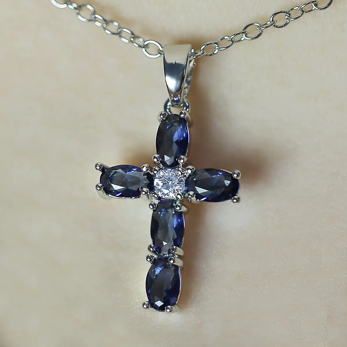 Fashion Simple Copper Inlaid Blue Oval Zircon Cross Pendant Necklace