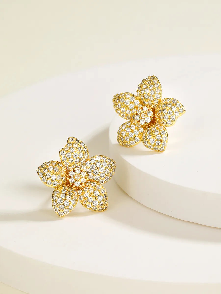 Fashion Simple Flower Shape Plating 18k Gold Zircon Copper Earrings