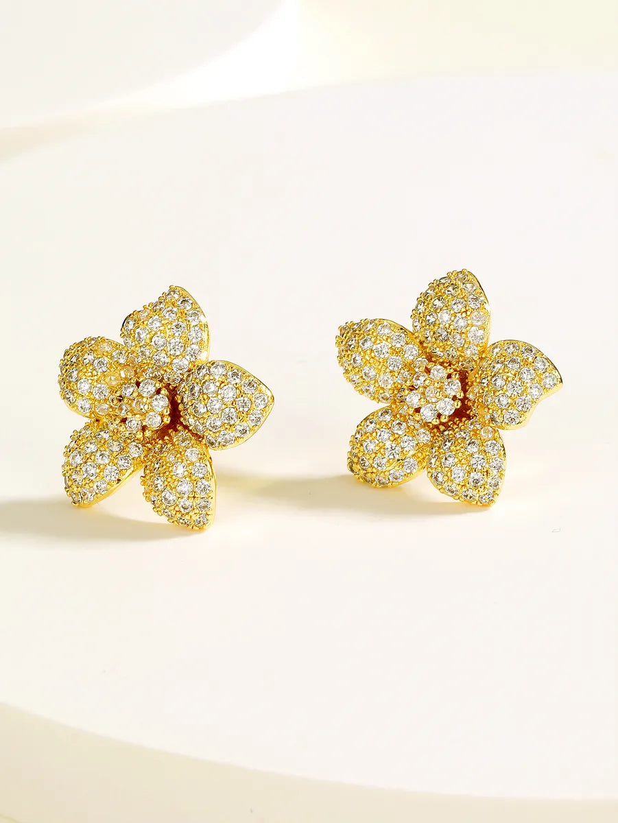 Fashion Simple Flower Shape Plating 18k Gold Zircon Copper Earrings