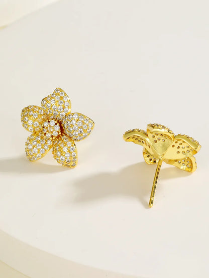 Fashion Simple Flower Shape Plating 18k Gold Zircon Copper Earrings