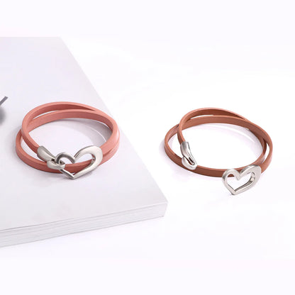 Fashion Simple Hollow Heart-shaped Double-layer Alloy Pu Bracelet