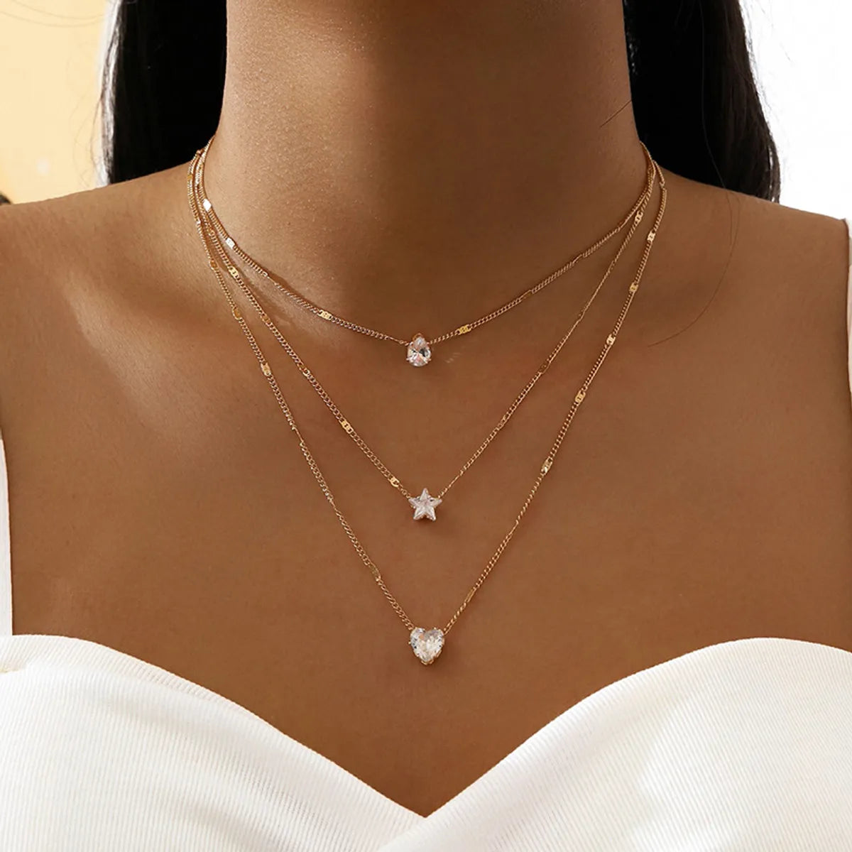 Fashion Simple Multi-Layer Five-Pointed Star Heart Drop Pendant Necklace