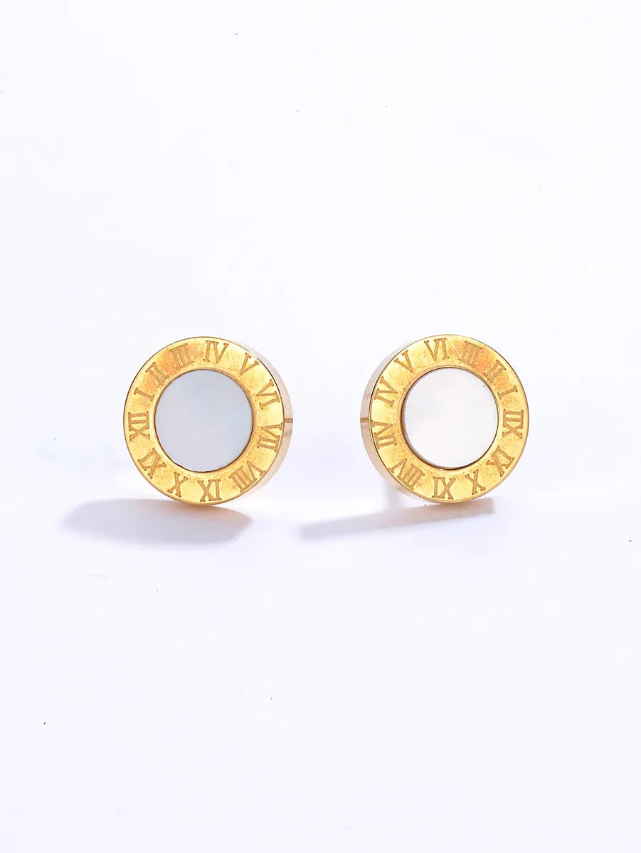 Fashion Simple Ornament Electroplated 18 Golden Round Roman Digital Stainless Steel Stud Earrings