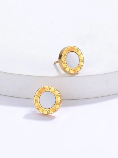 Fashion Simple Ornament Electroplated 18 Golden Round Roman Digital Stainless Steel Stud Earrings